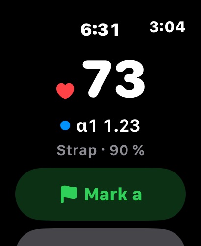 StrapLog Apple Watch app during a recording: heart rate, α1 and a marker button